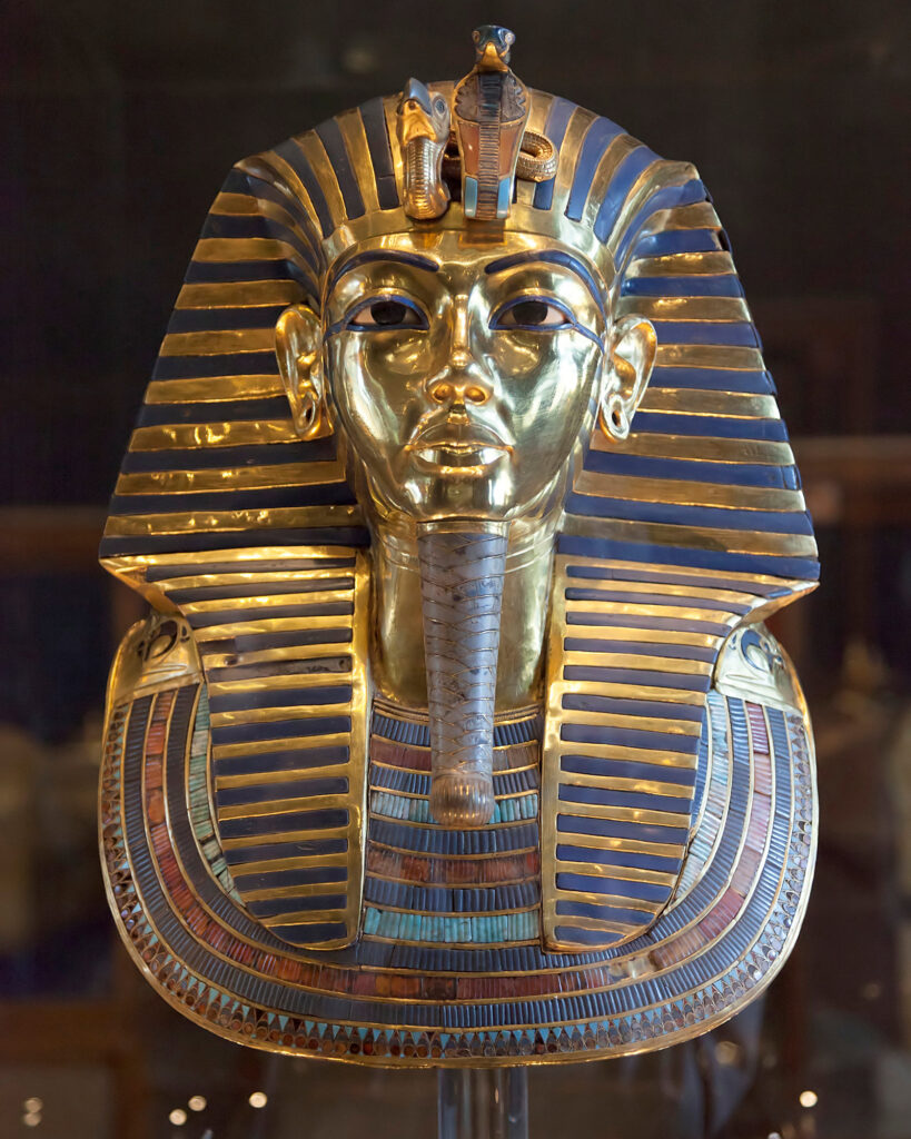 King Tut Death Mask, inlaid with lapis lazuli.  Egyptian Museum, Cairo